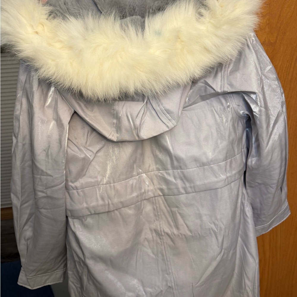 Women's Silver Puffer Coat with Faux Fur Trim